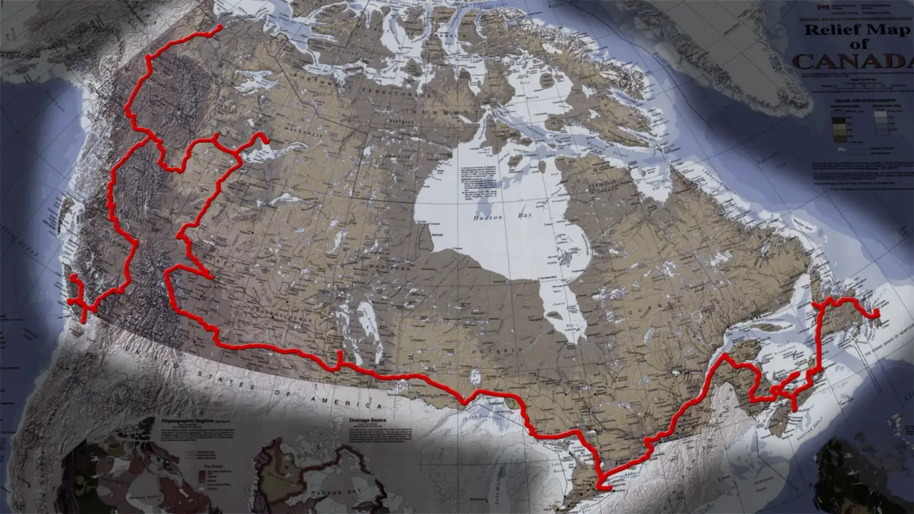 Map of Canada showing the route taken on 'Canada on the Road.'