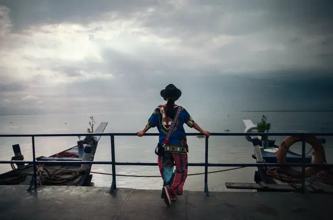Suphy Liu, popular video blogger and social media influencer in China, rides the ferry in Assam, India.