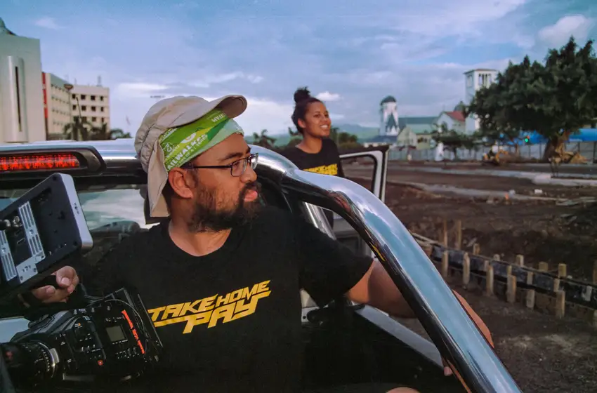 Stallone and Abba-Rose Vaiaoga-Ioasa prepare for a dynamic tracking shot in Apia, Samoa.