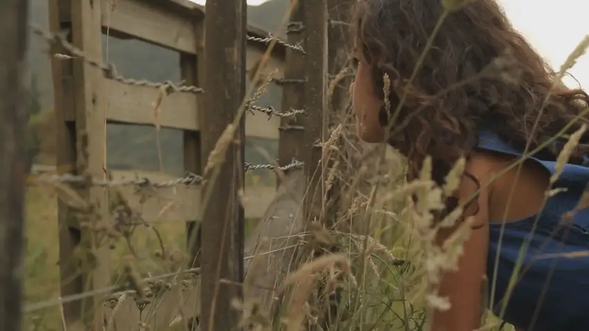 A curious young Maori girl looks through a farm fence.